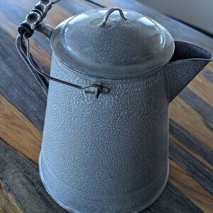 Large Antique Gray Granite Coffee Pot Enamelware Graniteware with Hinged Lid